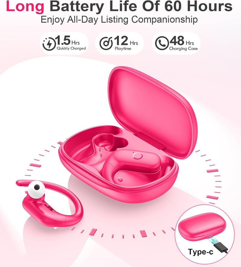 MOZOTER Wireless Earbuds Bluetooth 5.3 Headphones Sport,Over Ear Buds with Deep Bass Sound,60Hrs Playtime Earphones Redesigned Comfort Fit with Earhooks for Running,Meeting,Workout-Pink - Image 4